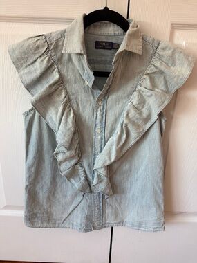 Ralph Lauren Light Blue Ruffle Chambray Sleeveless Blouse